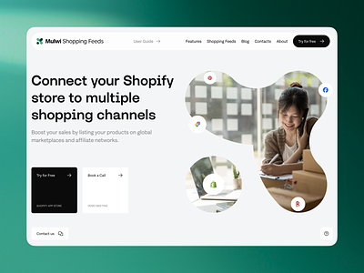 Mulwi Shopping Feeds. UI for the website book a call case study ecommers feeds filters fonts green grotesk hero screen main screen marketplace merchant search shopify shopping feeds sorting ui user interface web website