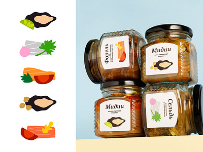 Preserves branding color design dribbble fish food graphic design icon illustration mussels preserves