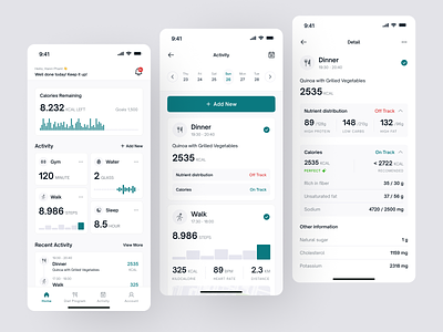 Healer - Health Program Track Apps apps bar chart calories chart clean diet distance gym health heart rate ios minimalist mobile product program run sleep sport walk widget