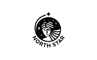 North Star Monochrome Logo brand branding for sale girl logo logotype mark moon north sky smile star woman