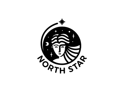 North Star Monochrome Logo brand branding for sale girl logo logotype mark moon north sky smile star woman