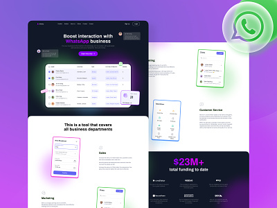 Customer Interaction Tool Landing Page Concept adaptive app clean dark theme flat graphic design green integration interaction landing page magenta mobile product tool ui ux violet website whatsapp white theme