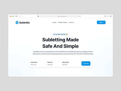 SubletGo - Landing Page UI UX Design airbnb airbnb landing page event landing page event landing page design landing page rental landing page rental property website rental website saas saas dashboard saas landing page saas product sublet sublet landing page sublet website ui ui design ui ux design