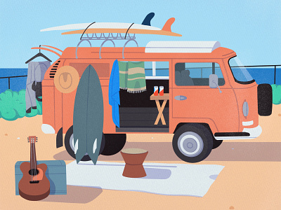 Van Life - Personal Illustration cars chill colourful design graphic design guitar holidays illustration illustrative music roadtrip sunset surf travel van van life