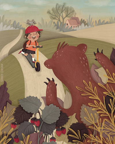 There's A Bear In The Field bear boy character childrens art childrens illustration fun illustration kidlitart mouse picture book art scooter summer time