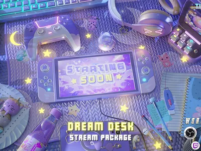 Twitch Cute Animated Overlay Pack 🌠 Dream Desk 🌠 3d aesthetic animated overlays animation blender cute cute overlay graphic design kawaii motion graphics overlays overlays pack twitch twitch overlay twitch pack