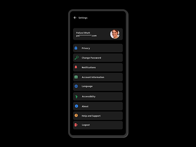 Settings Page #DailyUI007 100daysuichallenge appdesign dailyui darktheme darkthemeui design designchallenge figma inspiration mobilepage settingpageidea settings settingspage ui ux