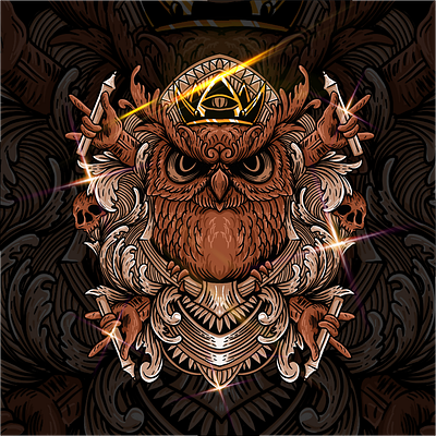 CREATOWL creative engraved illustration king logo ornament owl tshirt