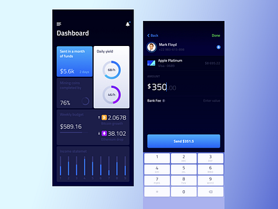 amount money apple card b2b bank fee bitcoin stats blue button send crypto apping done enter value etherium drop finance profile fintech design founds gui ios design product profile ui ux wallet app weekly growth