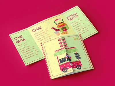 Chai Brochure branding brochure chai chat patta design gradient graphic design green illustration kettle khata meetha logo pink quirky social media thela traditional patterns ui yellow