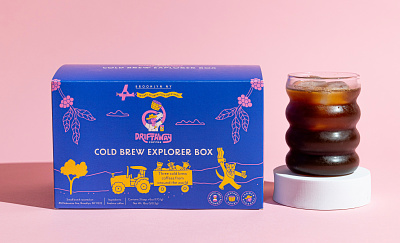 Coffee Packaging and Branding for Driftaway: Cold Brew Box beverage box brand identity branding brooklyn coffee eco friendly farmer handlettering illustration label logo packaging packaging design playful rebrand retail type vibrant whimsical