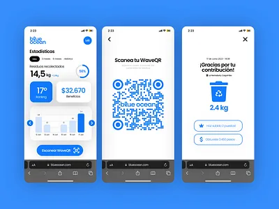 BlueOcean - Recycling Mobile App clean up code dashboard desing mobile ocean qr recycle recycling safari sea trash ui ux web app
