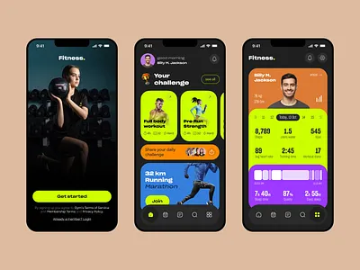 Fitness App UI analytics app bottom navigation card chart clean dark dark mode dashboard fitness minimal profile signup typography ui ux vivid