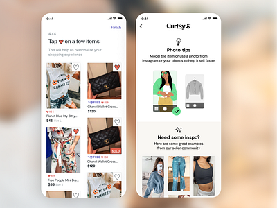 Curtsy: Post Onboarding and Photo Tips app clean clothes curtsy ecommerce flat gen z ios jewelery marketplace minimal shopping thredup tips white womens