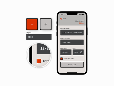 Credit Card Checkout back checkbox checkout credit card cta dailyui design geist font geist mono grey input japanese text mobile mono orange payment skeuomorphism teenage engineering text field ui