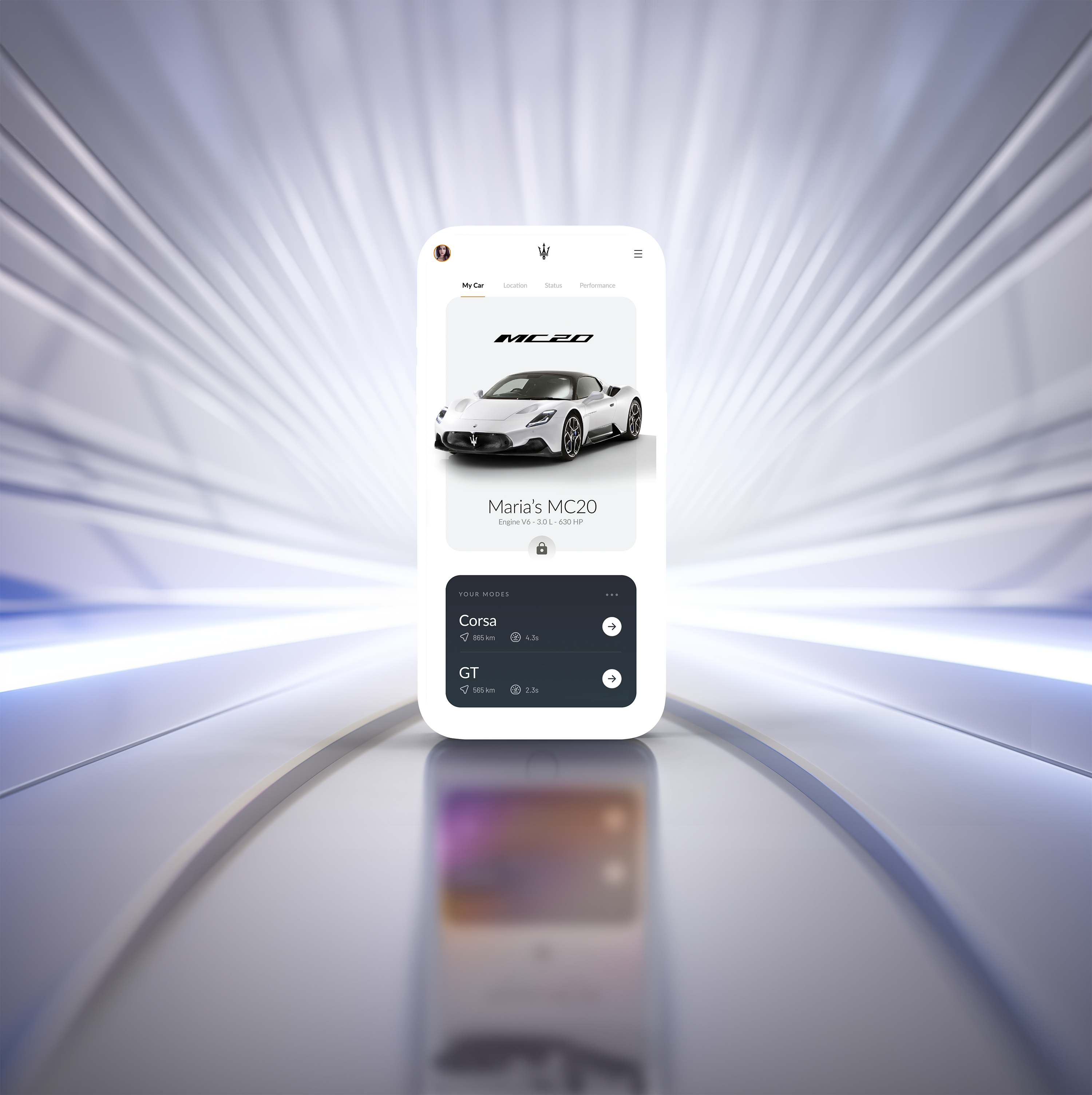 Maserati MC20 Owner's App automotive car connected design hmi interactive interface ios maserati mc20 mobile sports car supercar ui uiux