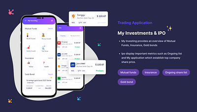 Ipo (Indian Public Order) and My Investing- Trading Application card view graphic design ipo mobile app mobile application mobile screen my investment trading application ui uiux user interface ux visual design