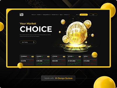 Hero Section of the Fintech Website 3d bitcoin black coins crypto dark fintech growth icons landing trading ui ux web website yellow