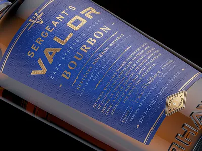 Sergeant's Valor Cask Strength Bourbon bottle design branding design detail distillery emboss graphic design illustration label label design logo packaging packaging design print print finish spirits typography veteran whiskey whisky