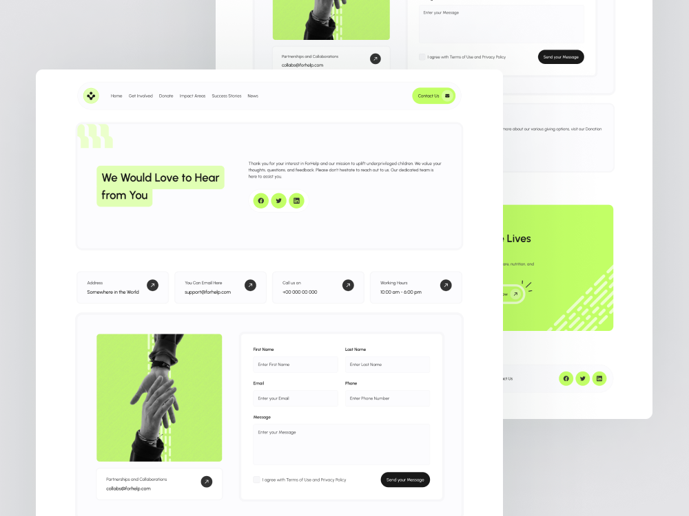 Contact Page Design of Charity Non Profit Website charity clean contact contact form contact page contact us contact us page design form form design green light minimal non profit page reach us template ui web website