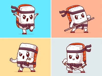 Sushi Ninja🍣🗡️ character cute fight fish headband icon illustration japanese food karate logo mascot ninja pose salmon seaweed sushi sword warrior