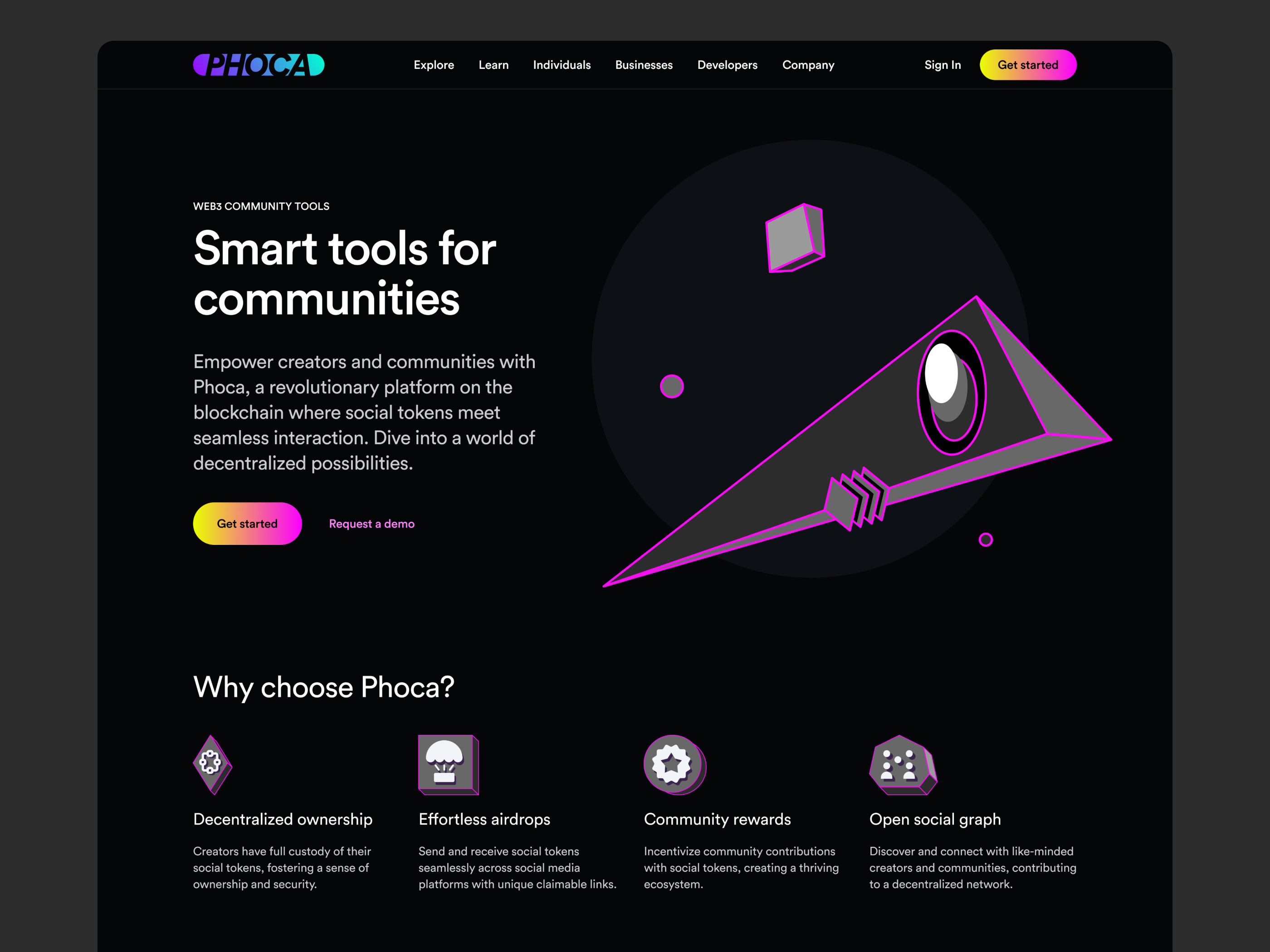 Phoca - home page design blockchain cta button design features hero section home page illustration navbar product design request demo ui ux vector graphics web design web3