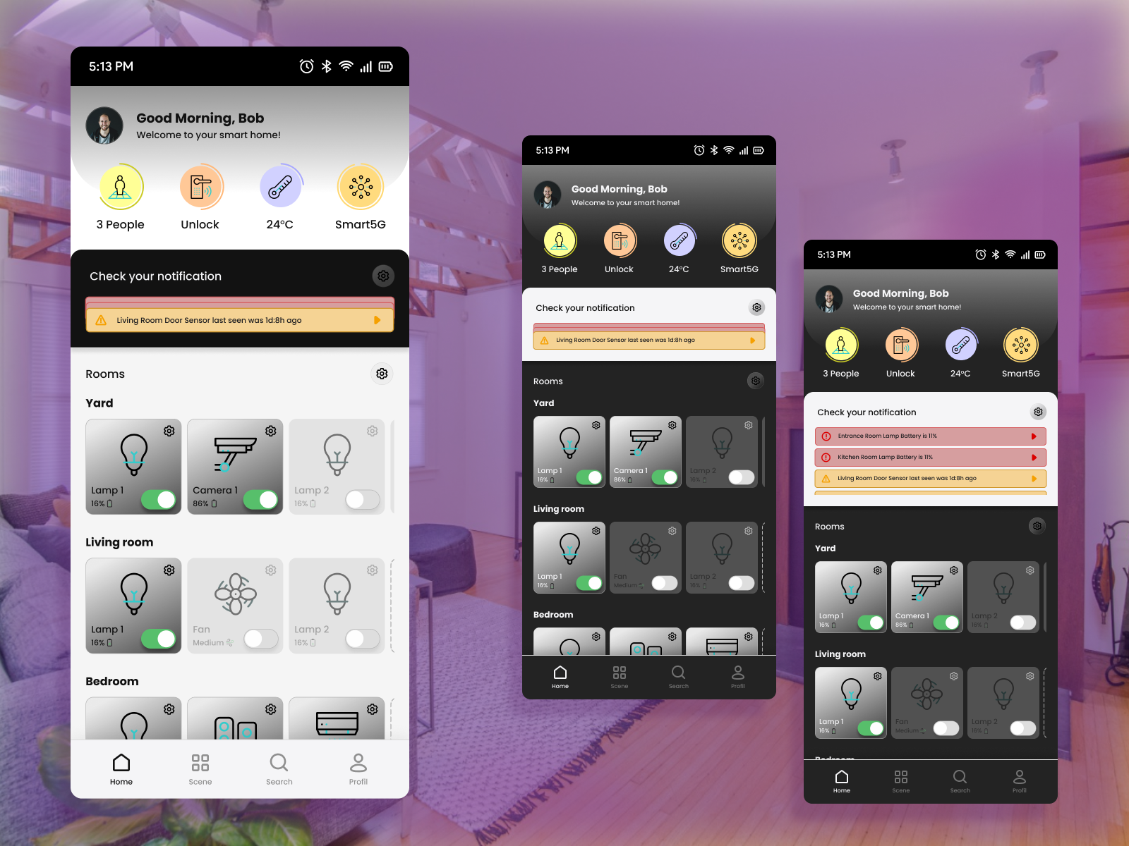 Mobile app: smarthome app design, notifications feature android appliances applications customize dark feature home interactions interface light mobile mobile apps mobile design notificatios seamless simple smart smart living smarthome ui