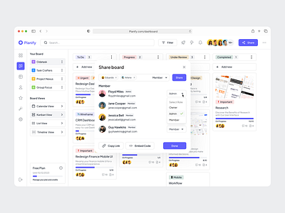 Planify - Popup Share Board board cansaas collaboration component crm dashboard interface kanban view management minimalist modal pop up saas share board task management ui ux web app webdesign website