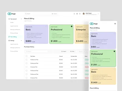 Hugo - Pricing Plan Dashboard billing billing dashboard dashboard dashboard design finance finance dashboard plan dashboard pricing pricing dashboard pricing plan pricing plans pricing table product product design purchase purchase dashboard purchasing