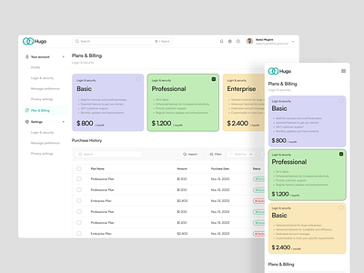 Hugo - Pricing Plan Dashboard billing billing dashboard dashboard dashboard design finance finance dashboard plan dashboard pricing pricing dashboard pricing plan pricing plans pricing table product product design purchase purchase dashboard purchasing