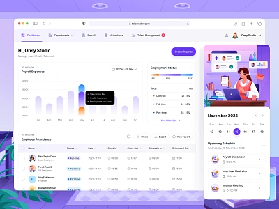 Talented: the HR Tool Web Application 👩‍💼 attendance calendar dashboard dashboard design design employment finance gradient graphic hr human resource icon illustration payroll product design staff statistics ui design ux design website