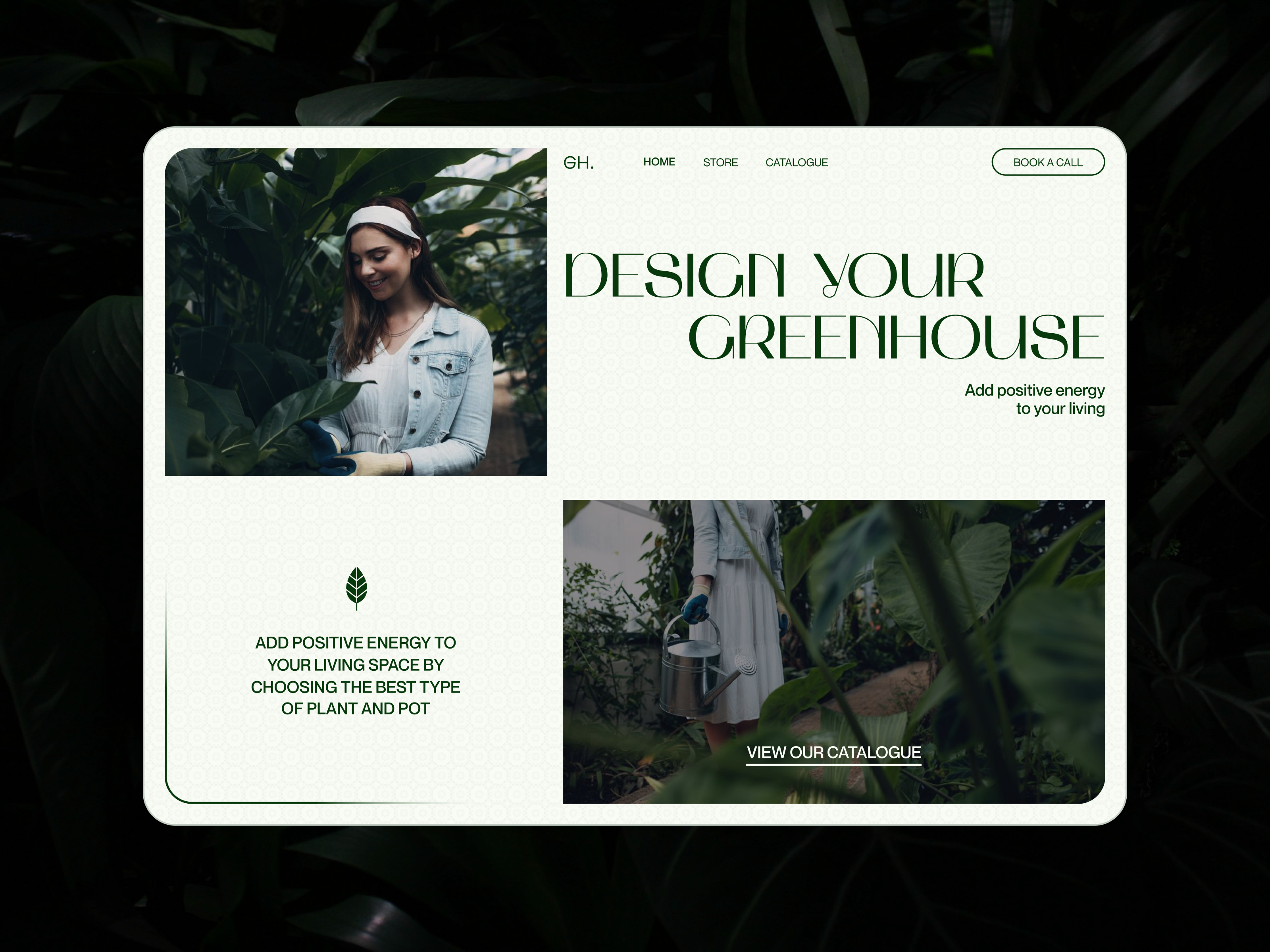 Green House Design Website big font dark green design echo echo design echodesign green greenhouse grid grid design grid layout hero house landing landing page leaf plant typography ui design webdesign
