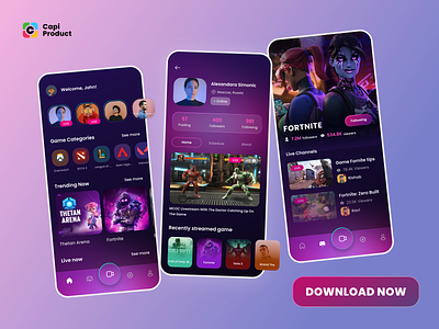 Game Streaming App - Darkmode & Magenta Color app app design dark mode design game streaming game streaming app magenta magenta color mobile app ui