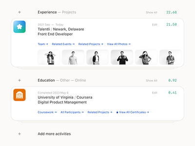 Talentli UI exploration. Activities talentli ui user interface ux web