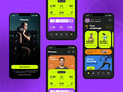 Fitness App UI app chart clean dark darkmode dashboard design fitness graphic design home logo minimal profile signup ui ux vivid