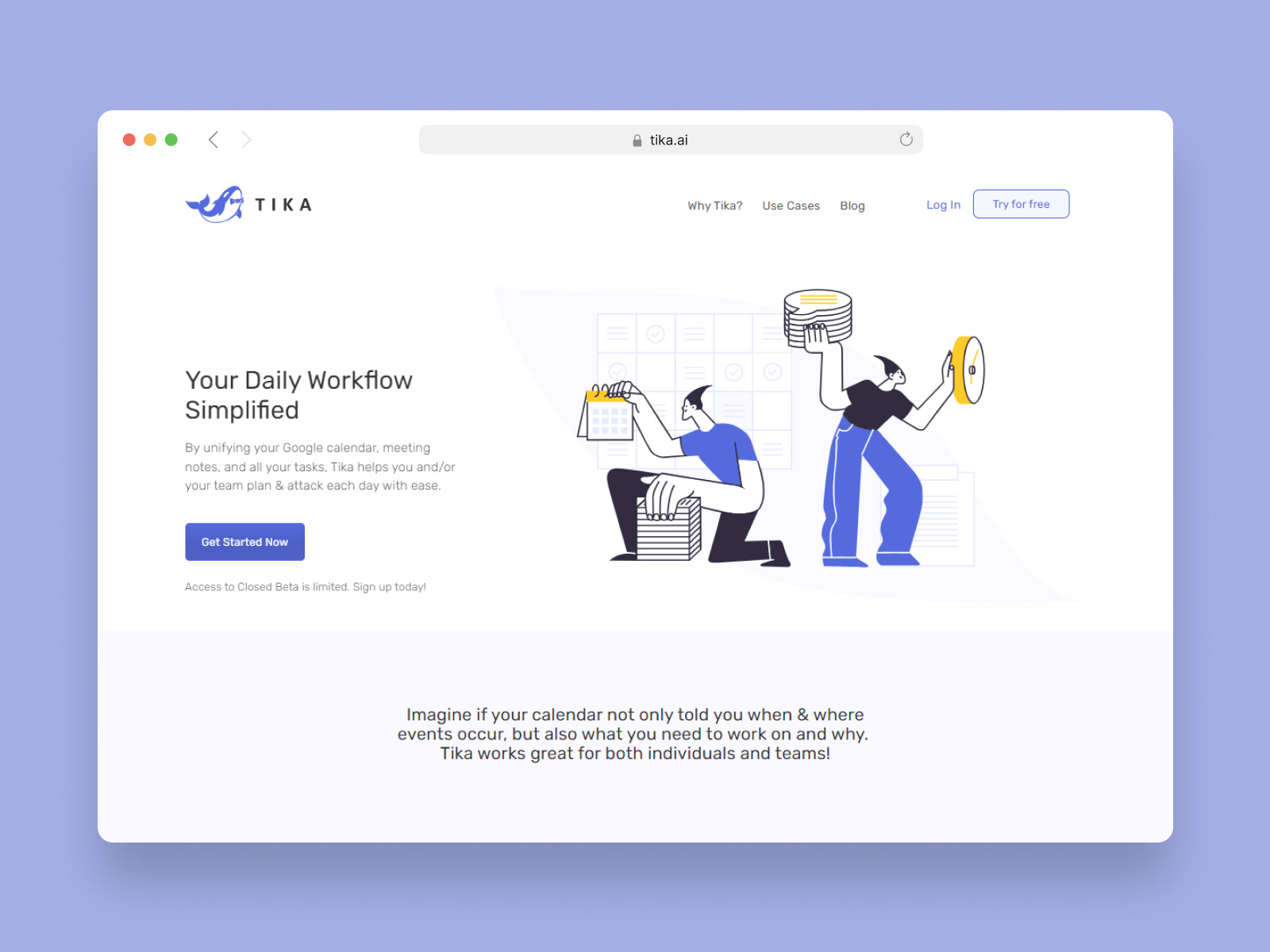 Tika calendar creative design development editor figma landing page meetings reminder software task managers to do list uiux webflow website