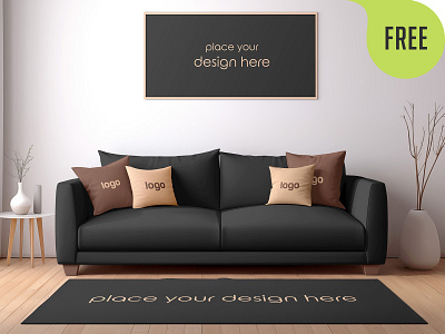 Free Interior Frame Poster Mockup. AI Generated banner carpet decoration flyer frame free freebie gallery interior mockup photo picture pillow poster sofa wall