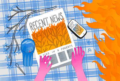 Editorial cover illustration anxiety character characterdesign cover editorial fire forest illustration illustrator magazine news table