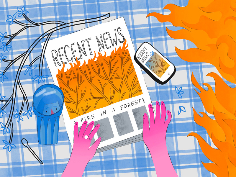 Editorial cover illustration anxiety character characterdesign cover editorial fire forest illustration illustrator magazine news table