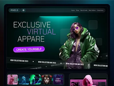 Digital Fashion Website UI ai ai fashion branding dark style design digital digital fashion fashion fashion website green violet illustration landing page lux brand neon style web design website