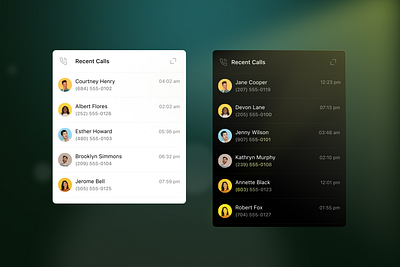 Calls - More Light Explorations calls card dark dashboard figma light phone recents themes widget