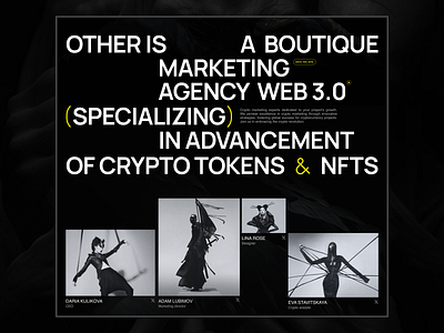 About us screen for marketing agency. Crypto about agency crypto curency dark design minimalism nft nfts team token ui ux web 3 web 3.0 webdesign website