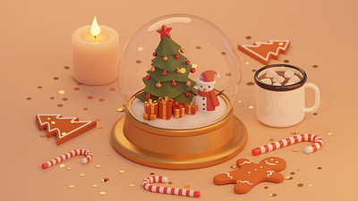 Merry Christmas and a Happy New Year 🎄 3d 3d render cacao candle christmas christmas tree cookie cute ginger cookie graphic design happy new year illustration new year snow globe sweets warm xmas
