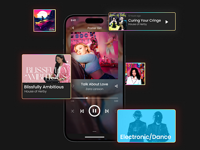 Music and Podcast Streaming App 3d elements app design audio experience colorful palette dark mode digital streaming entertainment design gradient design interactive audio media player minimalistic style music music app podcast ui sleek design streaming streaming design ui uiux music vibrant colors