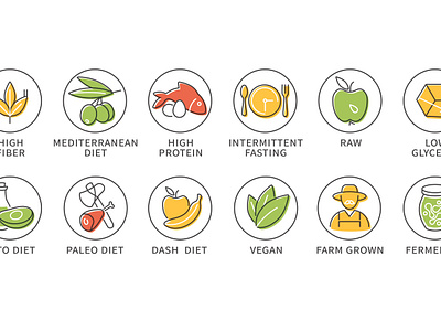 Set of different diet icons design diet farm grown food graphic design icon illustration intermittent fasting logo paleo diet raw food vector vegan