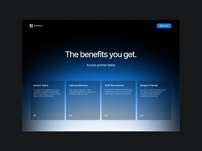 SM, benefits section buttons cards clean dark ui design design inspiration glass gradient headline landing page layout minimalism presentation ui ui components ux web web design