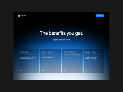 SM, benefits section buttons cards clean dark ui design design inspiration glass gradient headline landing page layout minimalism presentation ui ui components ux web web design