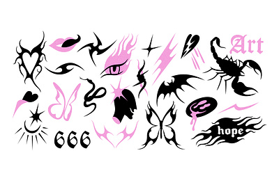 Y2k bat butterfly doodle flame gothic graphic design head heart icon illustration lip logo print scorpion sign snake star sticker vector y2k