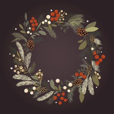 Christmas wreath christmas card christmas decoration christmas wreath cozy and warm design festive mood garland graphic design greeting card happy new year illustration merry christmas mistletoe pine red berries stars vector vector design vector illustration xmas wreath