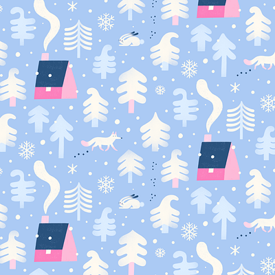 Winter Wonderland repeat pattern blue cabin christmas cute digital art fox gift wrap lapland licensing pattern pink procreate rabbit repeat snow snowflake winter winter wonderland wrapping paper